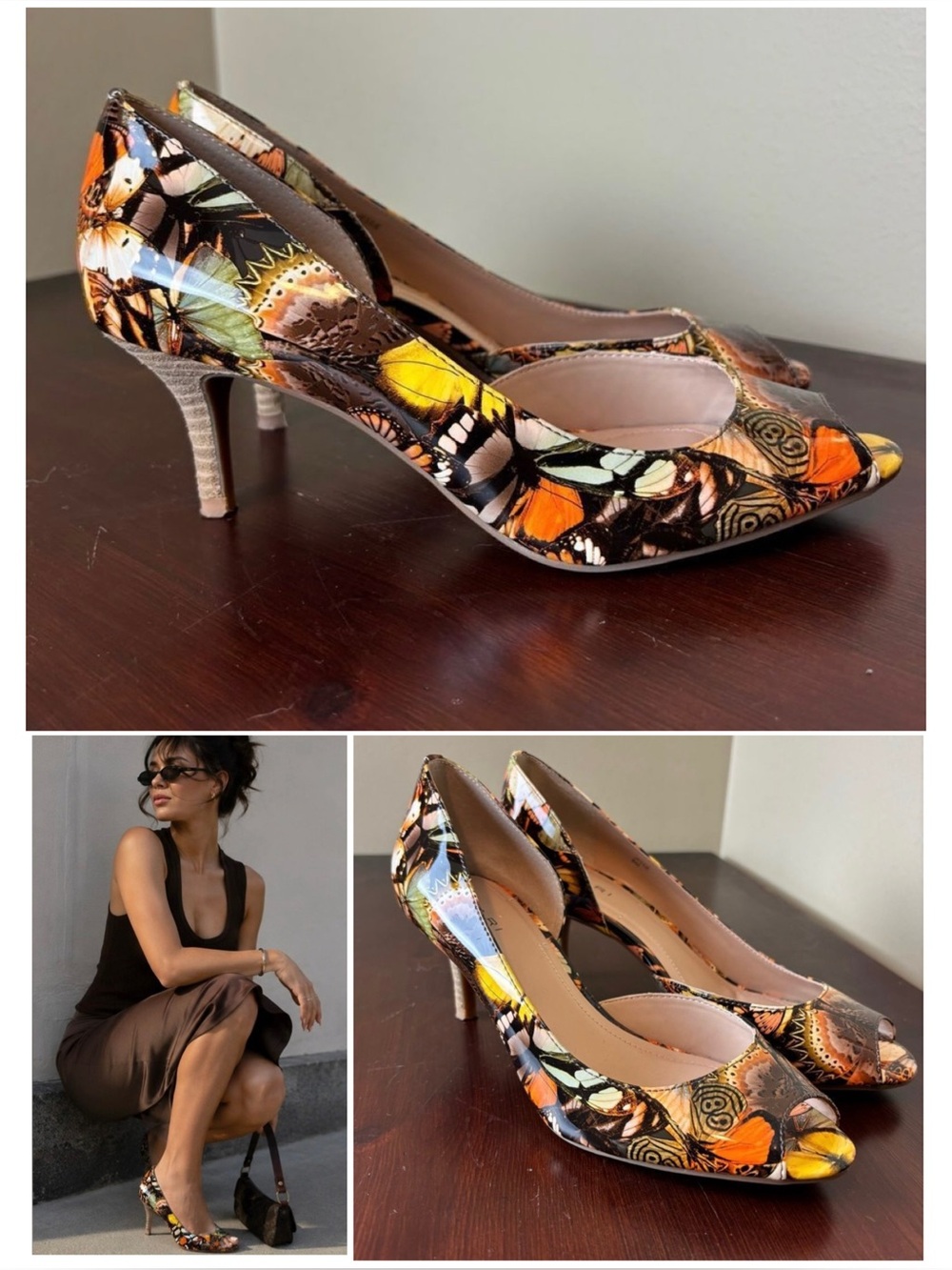 Tahari Jessie d'Orsay Peep Toe Heels Faux Patent Leather Butterfly Print Size 8
